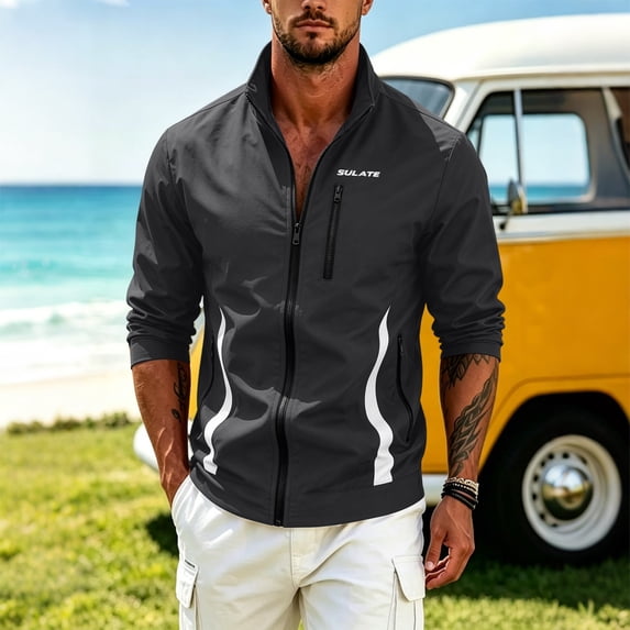 Ahabrexf Men's Black Zip Up Lightweight Jacket, Stand Collar Windbreaker with Multiple Zipper Pockets for Outdoor Casual Daily Sports