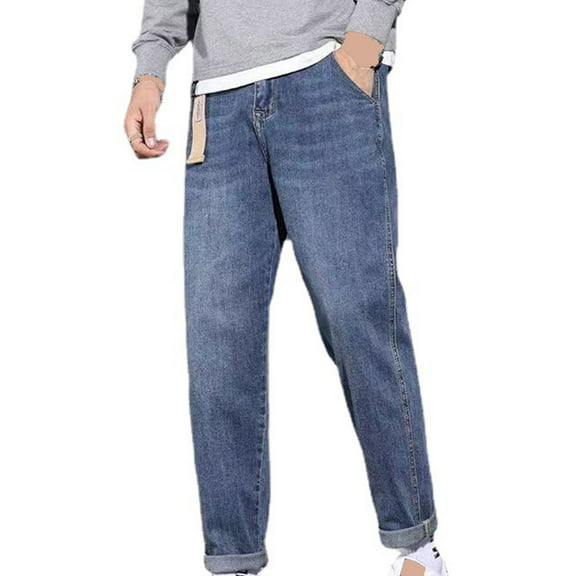 Ahabrexf Jeans for Men, Blue Style Straight Barrel Zipper Wash Trend Outdoors Denim Trousers