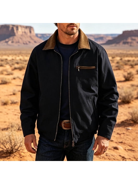 Men's Canvas Field Jacket, Corduroy Contrast Collar Full Zip Long Sleeve Outerwear with Multi Pockets for Outdoor Daily Activities