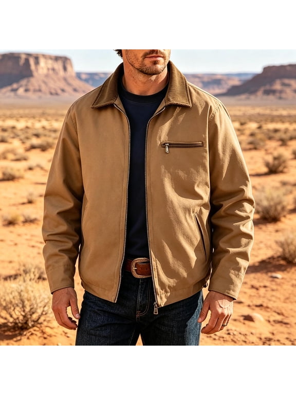 Men's Canvas Field Jacket, Corduroy Contrast Collar Full Zip Long Sleeve Outerwear with Multi Pockets for Outdoor Daily Activities
