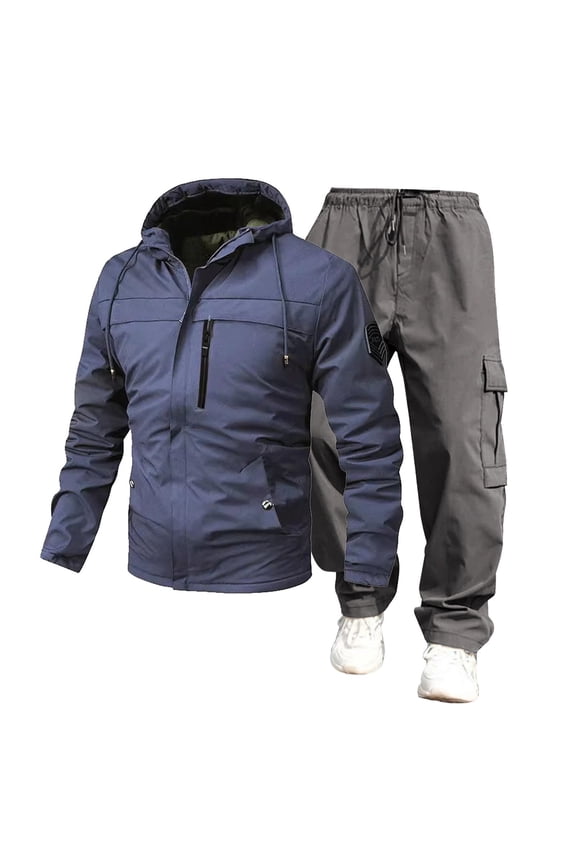 Men's Work Pants, Casual Oversize Solid Color Drawstring Hooded Set with Zip Off Trousers