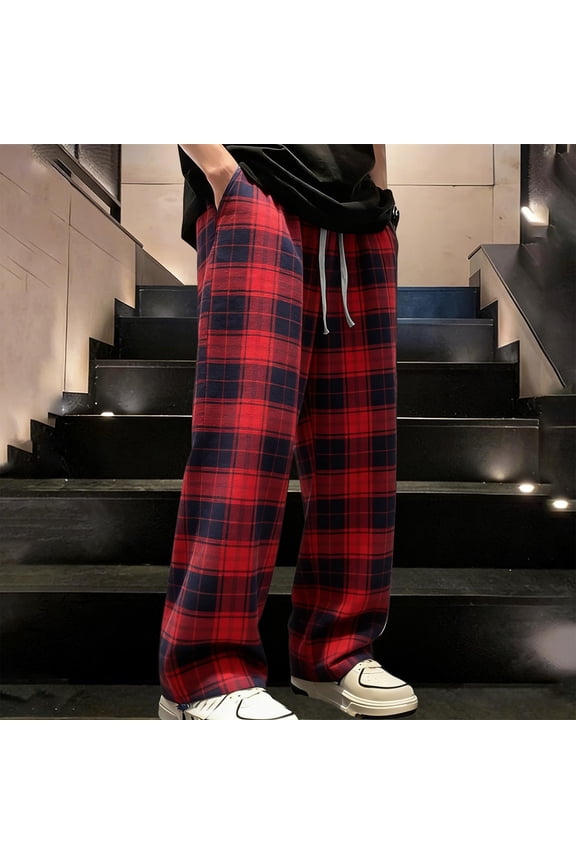 Men's Casual Pants,Fashion Brushed Warmth Home Pocket Check Elastic Waist Long Trousers