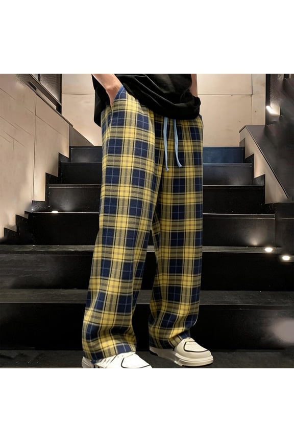 Men's Casual Pants,Fashion Brushed Warmth Home Pocket Check Elastic Waist Long Trousers