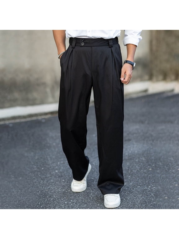Men's Casual Pants,Solid Color Pleated Loose Straight Leg Trousers with Draping Effect