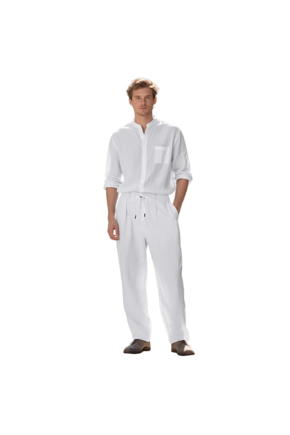 Men's Casual Short Sleeve Button Down Shirt and Trousers Set for Men, Textured Woven Fabric, Elastic Waist, Matching 2 Pc Suit