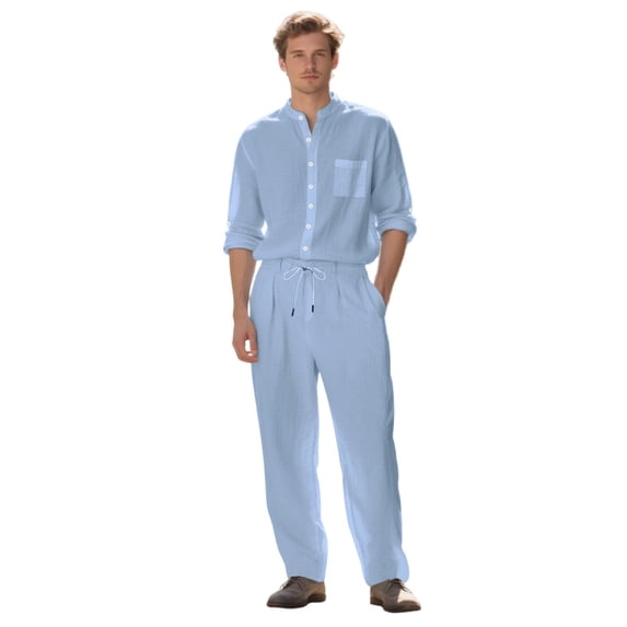 Ahabrexf Men's Casual Short Sleeve Button Down Shirt and Trousers Set for Men, Textured Woven Fabric, Elastic Waist, Matching 2 Pc Suit