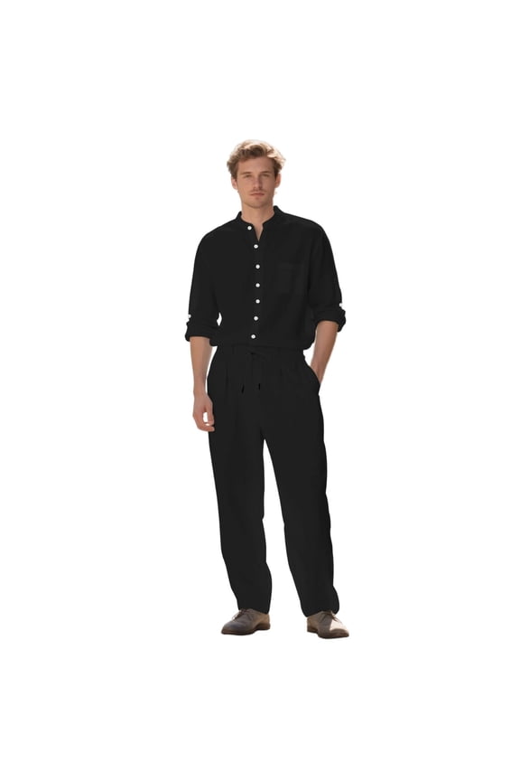 Men's Casual Short Sleeve Button Down Shirt and Trousers Set for Men, Textured Woven Fabric, Elastic Waist, Matching 2 Pc Suit