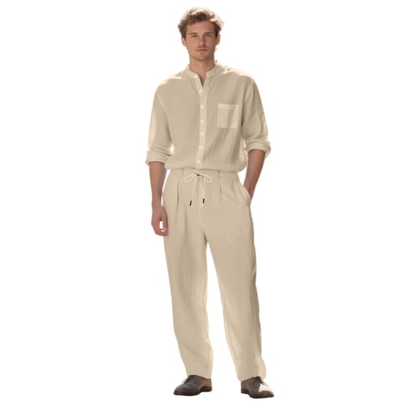 Ahabrexf Men's Casual Short Sleeve Button Down Shirt and Trousers Set for Men, Textured Woven Fabric, Elastic Waist, Matching 2 Pc Suit