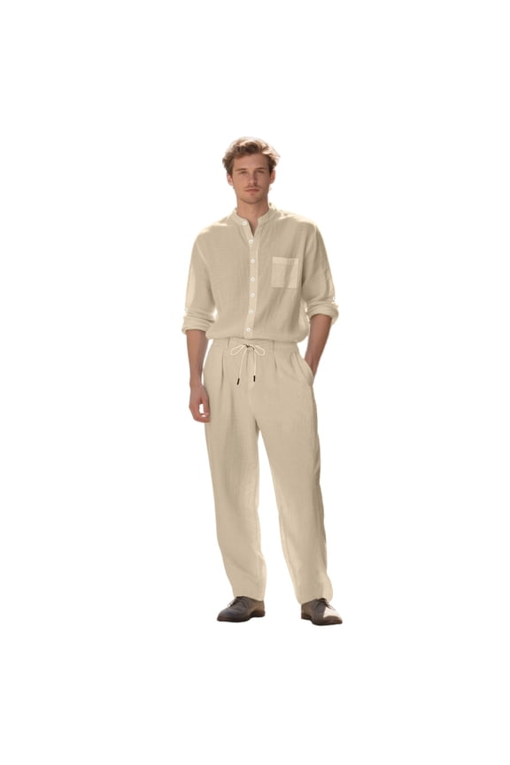 Men's Casual Short Sleeve Button Down Shirt and Trousers Set for Men, Textured Woven Fabric, Elastic Waist, Matching 2 Pc Suit