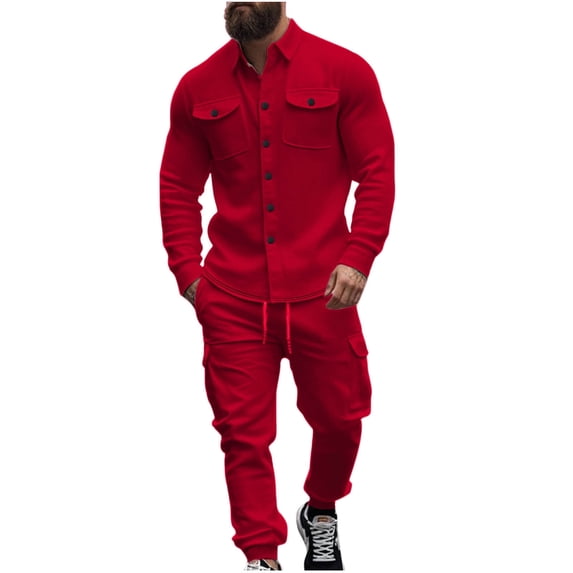 Ahabrexf Suits for Men, Casual Solid Color Sports Button Pocket Lapel Cardigan and Leg Tie Pants Set