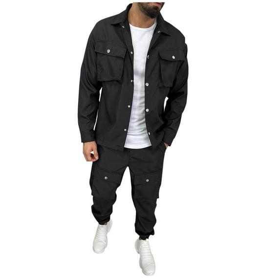 Ahabrexf Suits for Men, Casual Solid Color Long Sleeve Lapel Cardigan and Leg Tied Pants Set