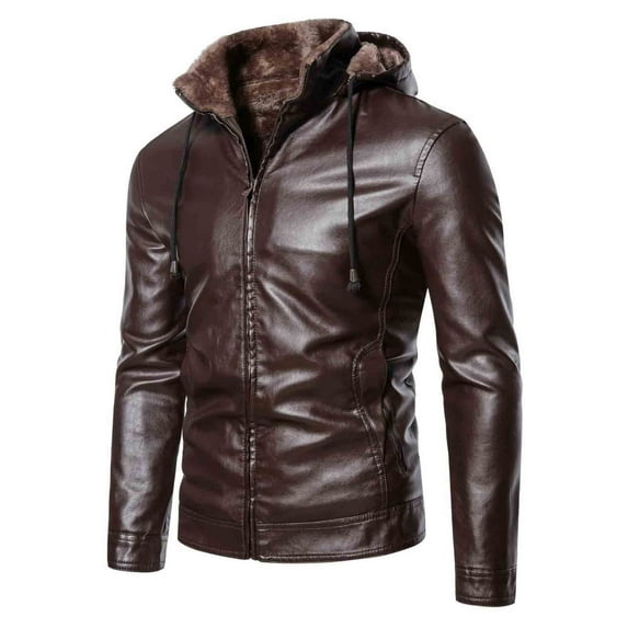 Ahabrexf Men's Collar Leather Jacket Casual Loose Men's Leather Jacket Solid Color Long Sleeved Hooded Leather Jacket/jacket