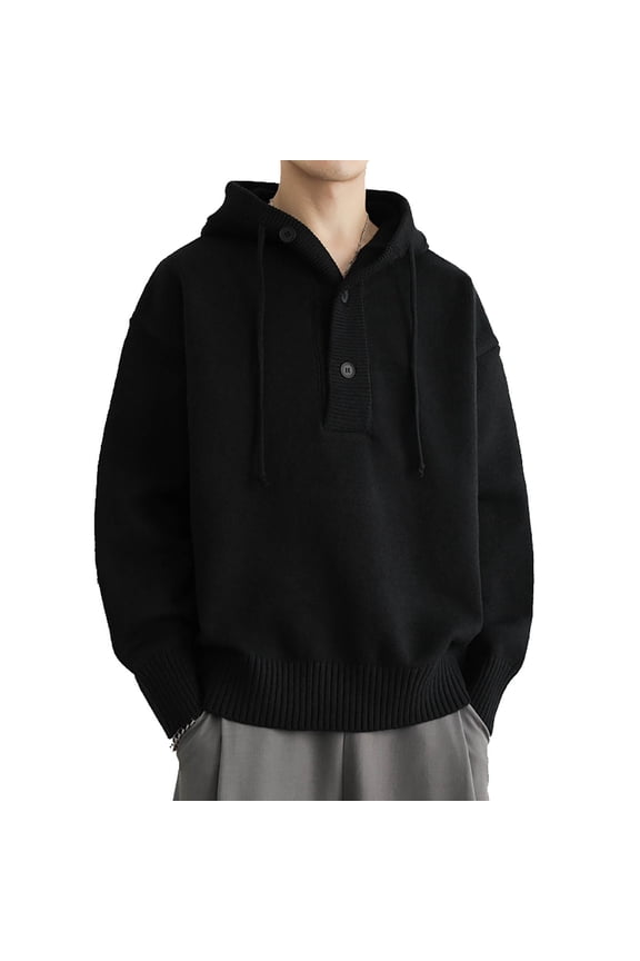 Thermal, Men's Fashion Classic Hue Knit Button Warm Laid-Back Long Sleeve Hooded Zip-Up Top