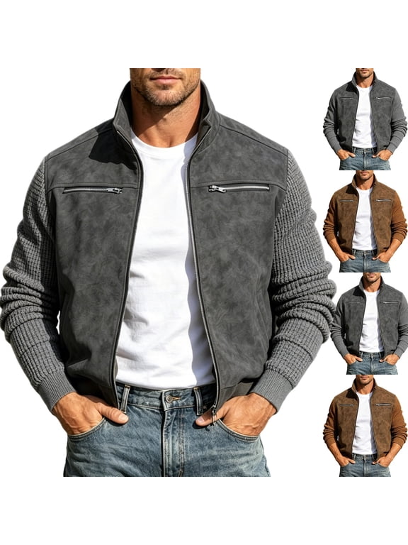 Men's Faux Suede Patchwork Bomber Jacket Stand Collar Motorcycle Zip Pockets Casual Workwear Short