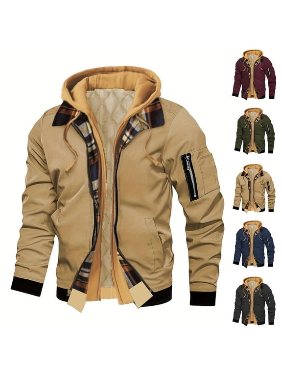 Men's Hooded Bomber Jacket Quilted Lined Plaid Trim Multiple Pockets Casual Flight Workwear Jacket