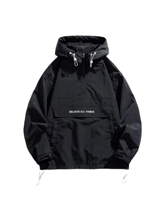 Men's Hooded Half Zip Anorak Wind Jacket, Long Sleeve Loose Snug‑Snug‑Snug‑Fit Pullover Windbreaker With Front Pocket Casual Outdoor Lightweight Outerwear