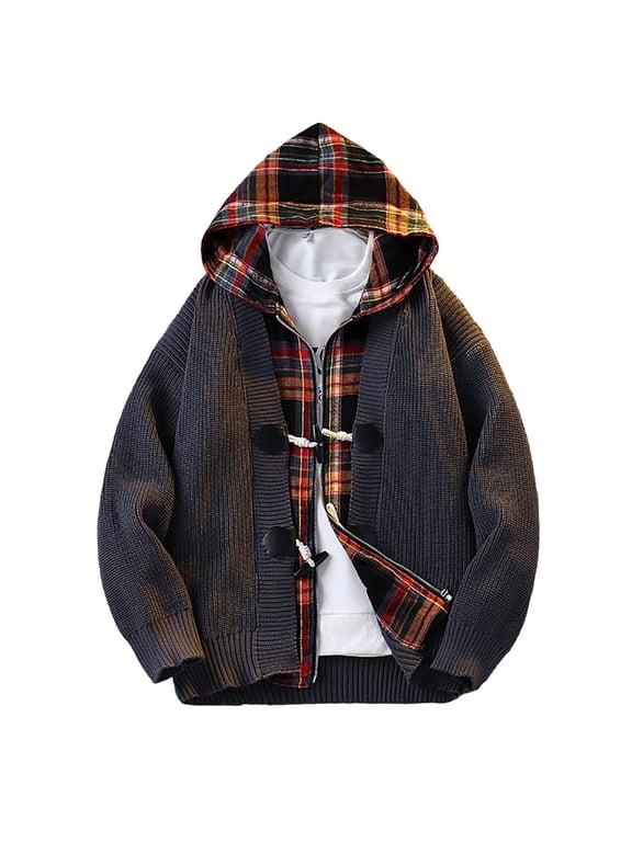 Men's Hooded Knit Cardigan Jacket, Plaid Lined Toggle Zip‑Up Coat, Drop Shoulder Loose Oversized Sweater for Fall Winter Casual Street Campus Wear