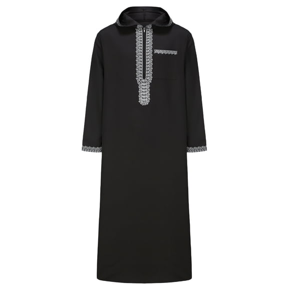 Ahabrexf Men's Hooded Robe for Men Long Sleeve Pullover with Pocket, Embroidered Loose Fit Muslim Thobe, Solid Color