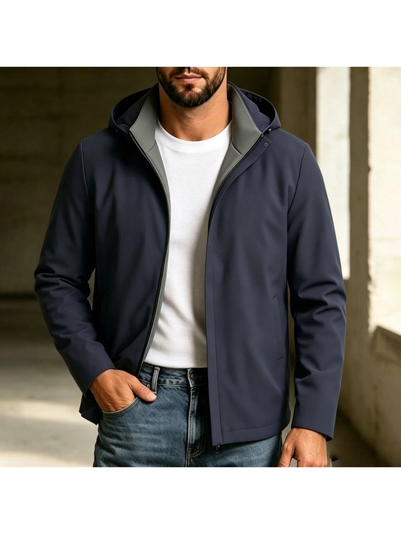Men's Hooded Softshell Jacket, Black Full Zipper Lightweight Wind Resistant Casual Coat for Business Commute Daily Outdoor Activities