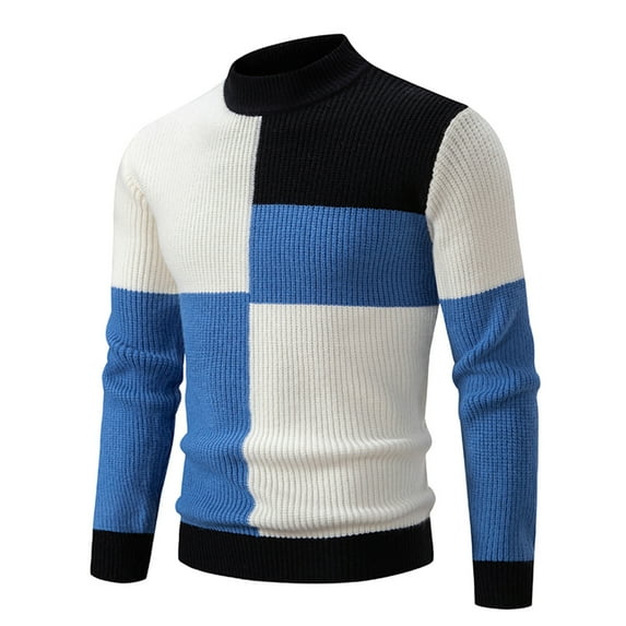 Ahabrexf Mens Sweaters and Pullovers, Color Contrast Mock Turtleneck Vintage Round Neck Solid Elastic Fleece Pullover