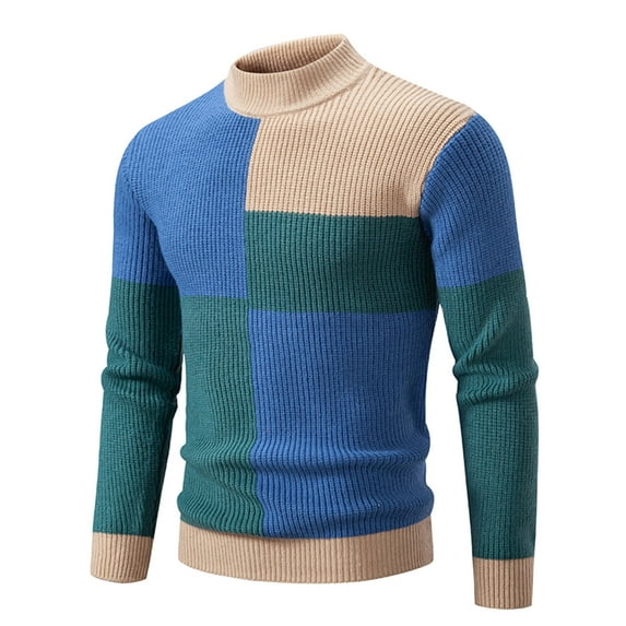 Ahabrexf Mens Sweaters and Pullovers, Color Contrast Mock Turtleneck Vintage Round Neck Solid Elastic Fleece Pullover