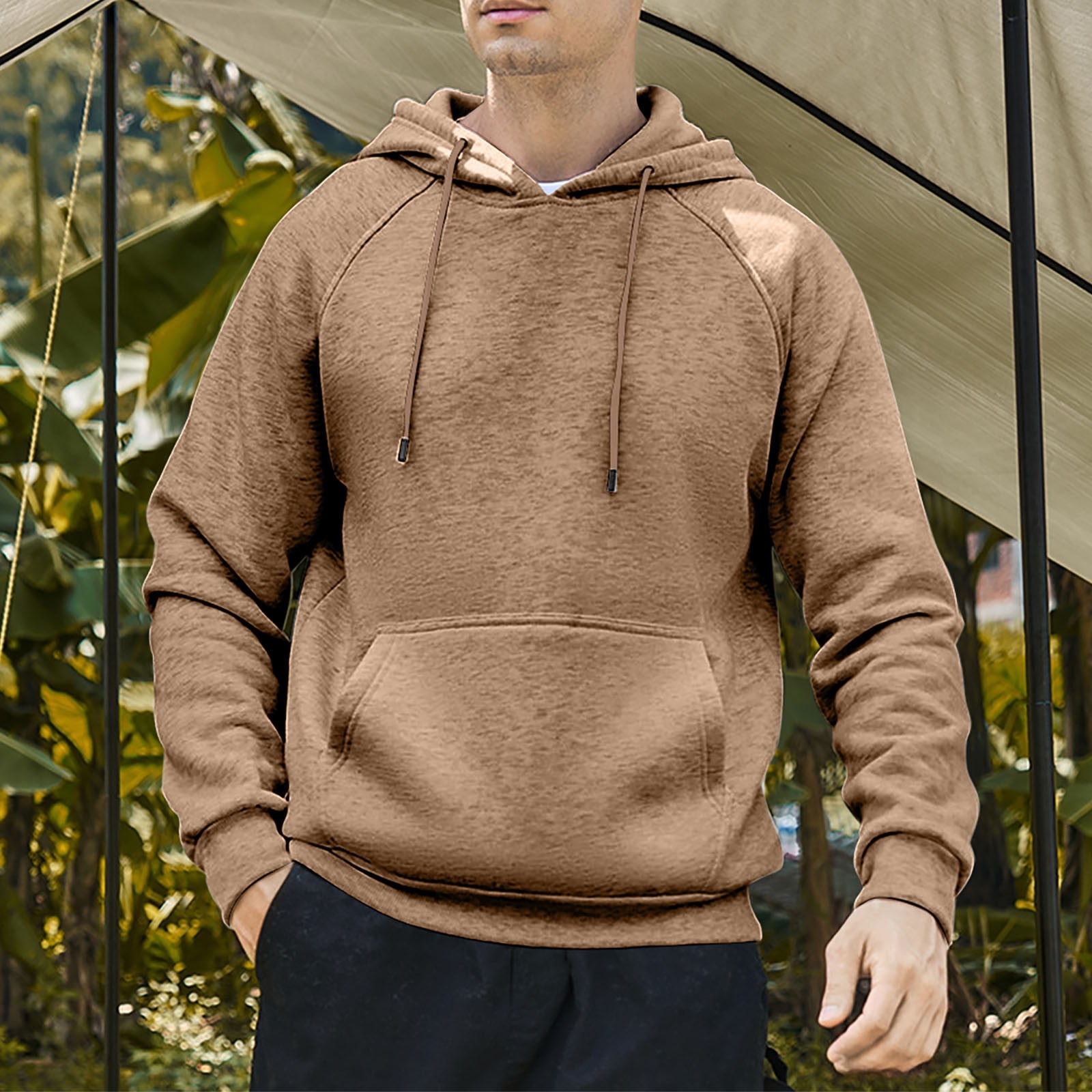 Ahabrexf Men's Leisure Hooded Sweatshirt Solid Color Shoulder Sleeves