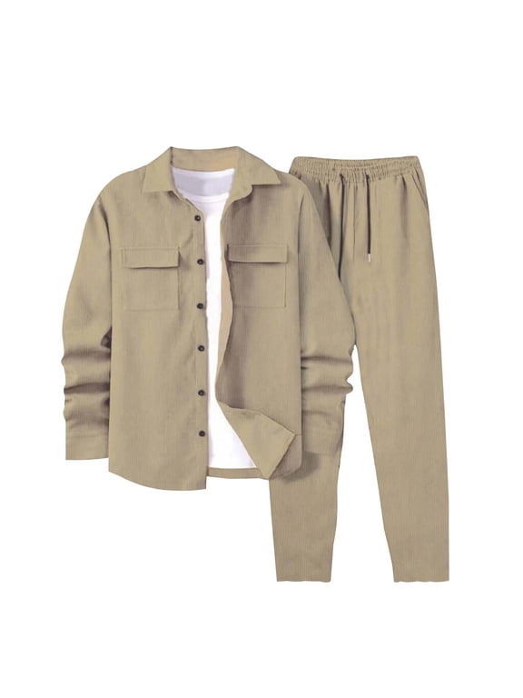 Mens Long Sleeve, Leisure Pocket Loose 2-Pc Sports Long-Sleeved Trousers Hooded Suit