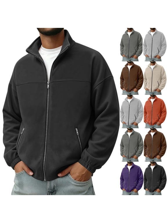 Men's Lightweight Fleece Zip Up Jacket Casual Stand Collar Fall Outerwear with Pockets