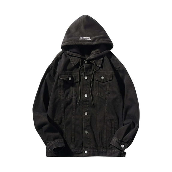 Ahabrexf Jackets for Men Men's Motorcycle Solid Color Button Pocket Long Sleeved Hooded Denim Jacket Denim Jacket Men