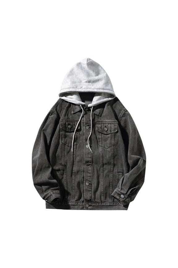 Denim Jacket, Men's Motorcycle Solid Color Hooded Denim Jacket with Button Pocket and Long Sleeves