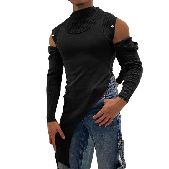 Ahabrexf Leather Jacket Men, Novel Half High Neck Base Shirt with Elastic and Button up Off Shoulder T-Shirt