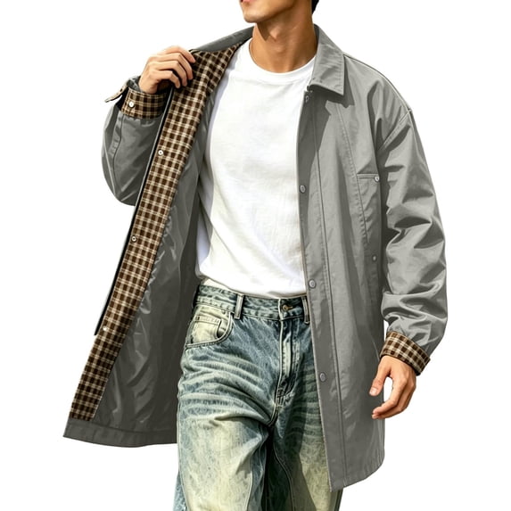 Rivete Button Ahabrexf Men's Oversized Mid Length Jacket, Lapel Collar Snap Button ...