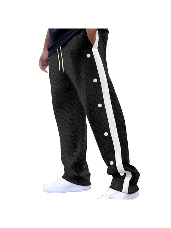 Men's Patchwork Wide Leg Sweatpants, Textured Drawstring Loose Pants with Side Buttons for Casual Streetwear Jogging