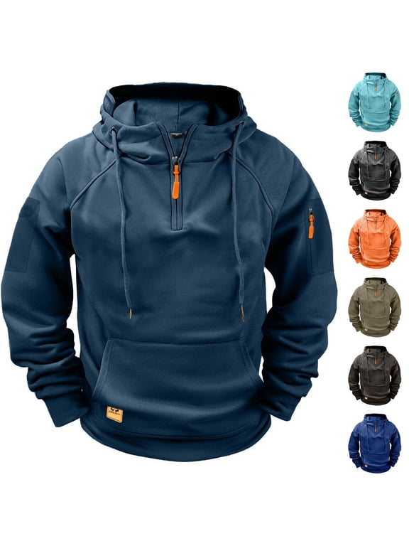 Men's Quarter Zip Hoodie 100% Polyester Pullover With Kangaroo Pocket And Arm Pocket Casual Raglan Sleeve Hooded Sweatshirt For Everyday Wear