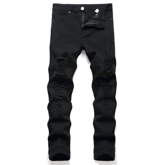 Ahabrexf Jeans for Men, Ripped Zipper Straight Barrel Wash Elastic Trend Outdoors Denim Trousers