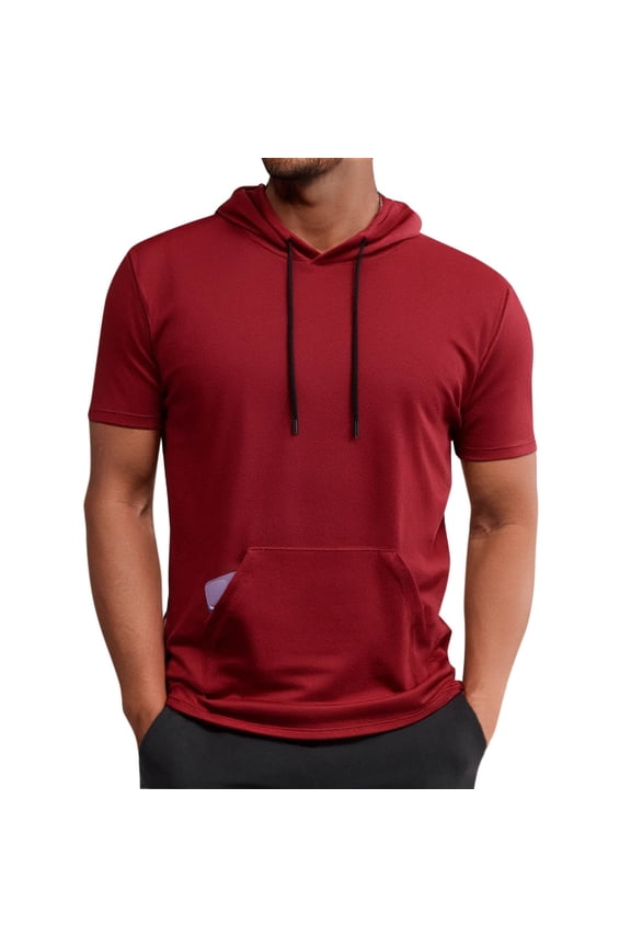 Men's Short Sleeve Drawstring Hoodie Polyester Pullover for Gym Running and Casual Wear