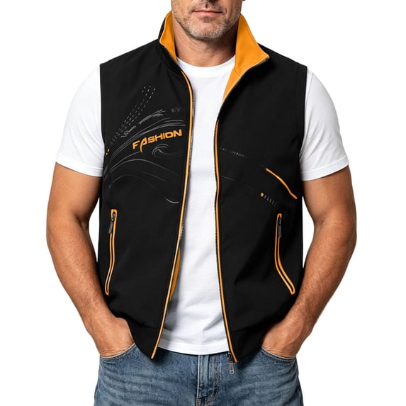 Ahabrexf Men's Sleeveless Casual Vest, Full Zip Stand Collar Printed Lightweight Polyester Outerwear with Zipper Pockets for Spring Autumn Daily Wear