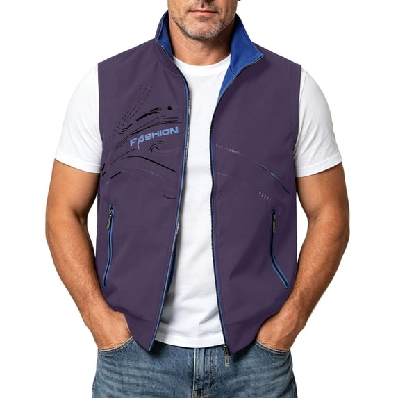 Ahabrexf Men's Sleeveless Casual Vest, Full Zip Stand Collar Printed Lightweight Polyester Outerwear with Zipper Pockets for Spring Autumn Daily Wear