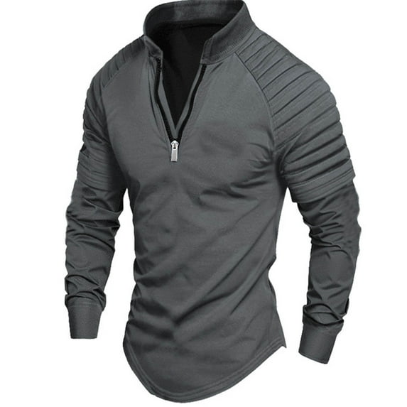 Ahabrexf Zippered Sports Shirt, Men's Solid Color Long Sleeve Athletic Casual Top