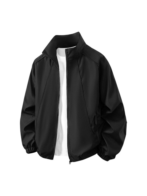Men's Stand Collar Bomber Jacket, Solid Color Windproof Nylon Blend Casual Outerwear with Zipper Pockets for Daily Outdoor Wear