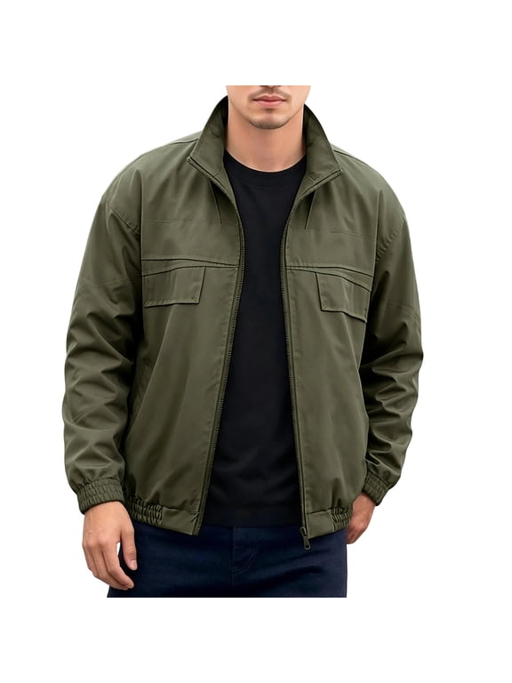 Men's Stand Collar Casual Bomber Jacket, Full Zip Stowable Hood Coat, Chest Patch Pockets Elastic Cuffs Hem for Springtime Fall Daily Outdoor Wear