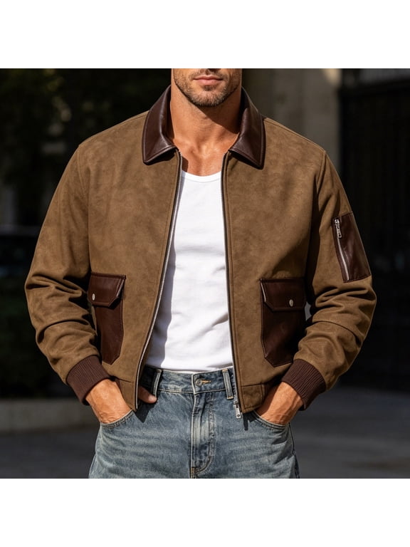 Men's Suede Patchwork Bomber Jacket, Full Zip Turn-Down Collar Casual Short Coat with Multi Pockets for Daily Commute Outings