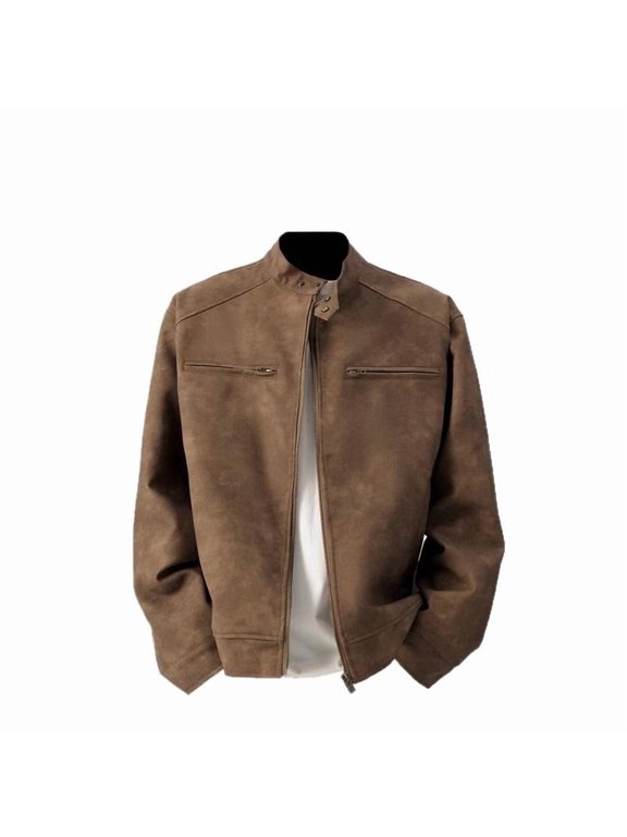 Men's Suede Stand Collar Jacket, Full Zip Casual Outerwear with Zipper Pockets for Desert And Daily Outdoor Wear