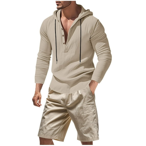 Ahabrexf Jackets for Men, Summer Solid Color Casual Long Sleeve Hooded Shorts Pocket Set
