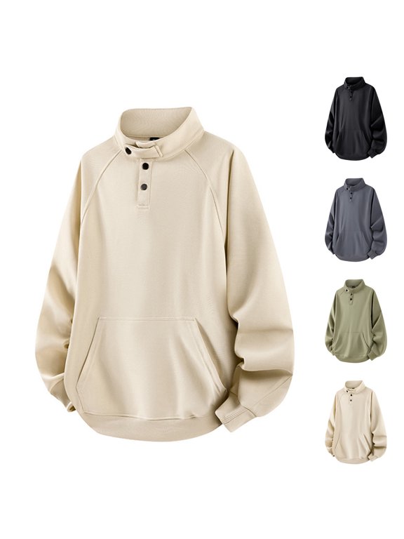 Men's Waffle Knit Long Sleeve Pullover Sweatshirt Mock Neck Button Henley Casual Fall Jacket with Kangaroo Pocket