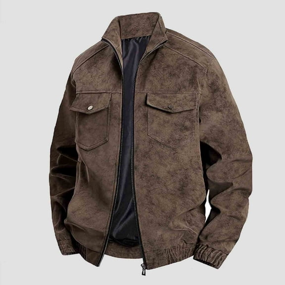 Ahabrexf Coats for Men, Solid Color Windproof Faux Leather Zipper Pocket Jacket