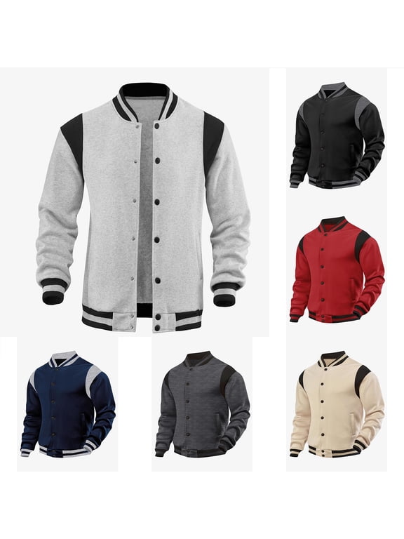 Men's Zip Up Sweater Fleece Lined Varsity Bomber Jacket Lightweight Fall Jacket with Pockets Casual Stand Collar Long Sleeve Outerwear