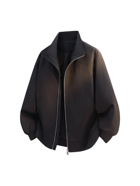 Mens Black Baseball Jacket, Stand Collar Full Zip Polyester Windbreaker Casual Outerwear for Men Spring Fall Daily Occasions