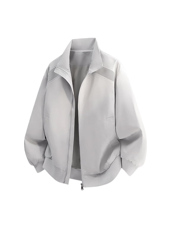 Mens Black Baseball Jacket, Stand Collar Full Zip Polyester Windbreaker Casual Outerwear for Men Spring Fall Daily Occasions