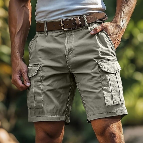 Ahabrexf Mens Cargo Shorts Men Fashion Comfortable Casual Mid Waist Solid Color 100% Polyester with Pockets